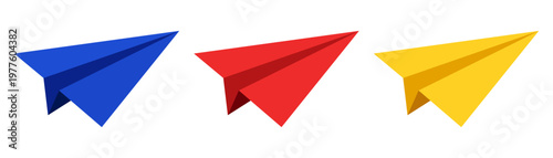 Paper airplane set illustration in blue red and yellow colors origami flying planes minimal design symbols of communication delivery startup launch concept clean modern style isolated