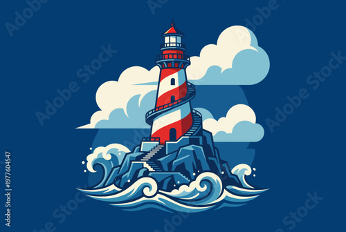 This image depicts a vibrant lighthouse standing tall on a rocky coastline, surrounded by crashing waves and fluffy clouds, illustrating guidance and adventure at sea.