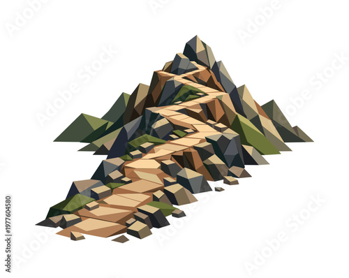Low-poly vector illustration of a mountain path reaching higher ground after steady progress, angular trail stabilized across