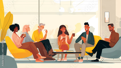 Multi-ethnic team of coworkers enjoying a coffee break and laughing together in a stylish office lounge, Generative AI illustrations.