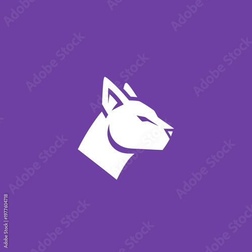 White stylized dog head profile on purple background.