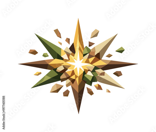 Low-poly vector illustration of a stabilized spark glow after the burst of inspiration, angular triangular rays forming a