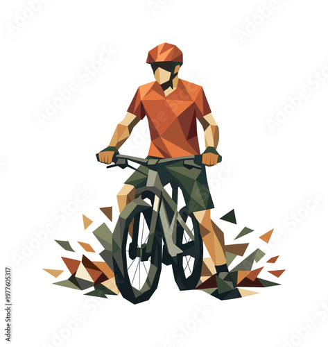 Low-poly vector illustration of a cyclist stabilizing after crossing the bridge, angular faceted body upright with crisp