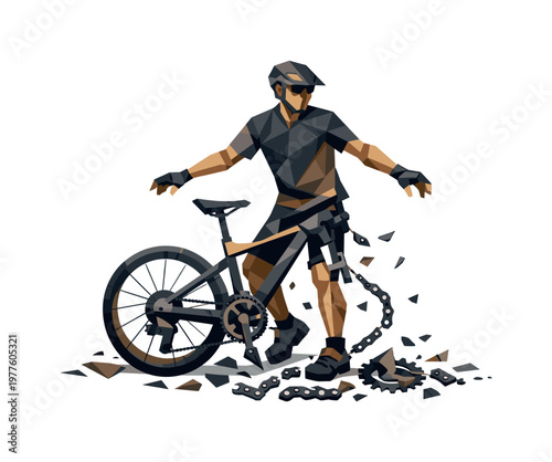 Low-poly vector illustration of a cyclist stabilizing after a chain snap, angular faceted body upright with crisp triangular