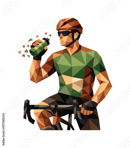 Cyclist Hydration Pose. Low-poly vector illustration of a cyclist stabilizing after a bottle sip, angular faceted body upright