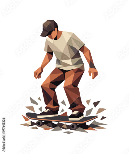 Low-poly vector illustration of a skateboarder stabilizing after landing, angular faceted body upright with crisp triangular