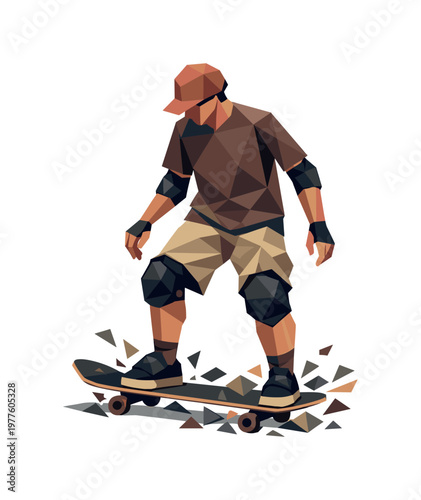 Low-poly vector illustration of a skateboarder stabilizing after a bowl aerial, angular faceted body upright with crisp