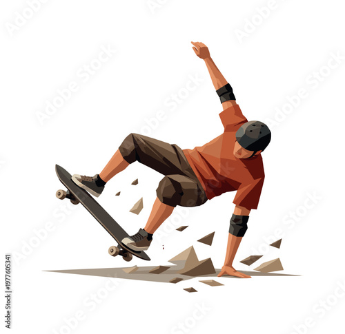 Low-poly vector illustration of a skateboarder stabilizing after a hand plant, angular faceted body upright with crisp triangular