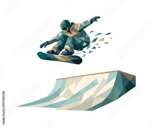 Low-poly vector illustration of a snowboarder launching off a halfpipe, faceted athlete figure built from sharp triangular