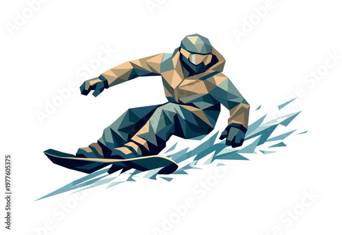 Low-poly vector illustration of a snowboarder riding along an icy edge, faceted athlete figure built from sharp triangular