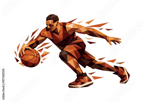 Dynamic Basketball Crossover. ow-poly vector illustration of a basketball player performing a crossover drive, angular faceted