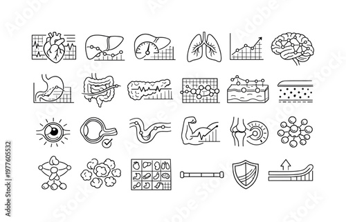 Line vector icons of organ-level digital copies for medication trials: heart response panel, liver detox curve, kidney clearance