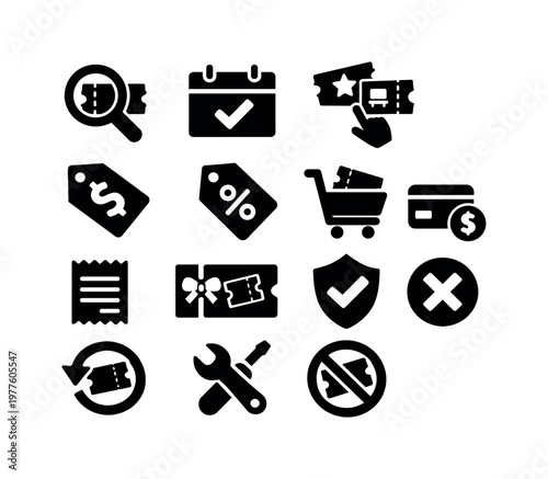 Solid vector icons of ticket booking process: search, availability, selection, priceTag, discount, checkout, payment, receipt,