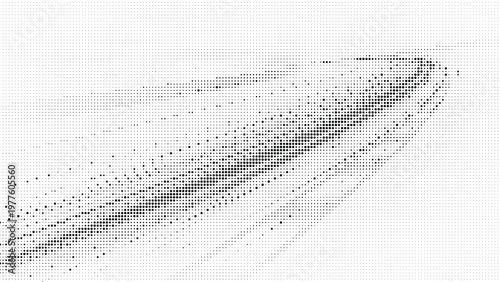 Abstract monochrome pattern of black dots on gray grid background creating dynamic shape and shadowy effect of comet trail.