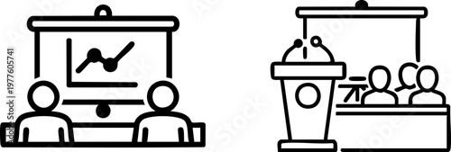 Business presentation line icons, corporate training seminar symbols, professional conference and lecture vector set, public speaking graphics