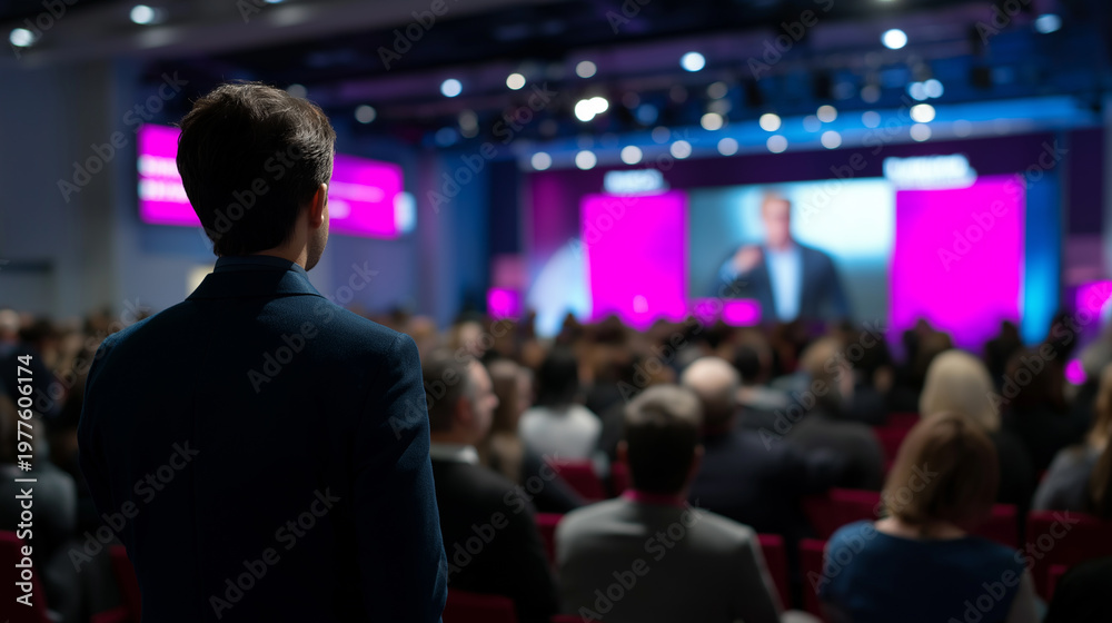 Fototapeta premium Speaker presenting on stage in front of audience with colorful lights representing conference, event and public speaking.