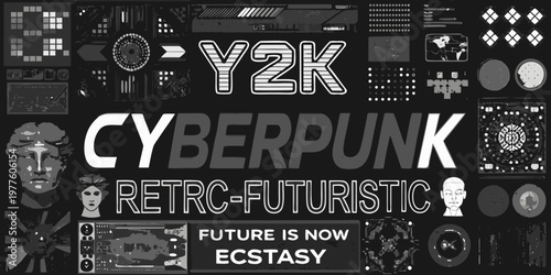 Cyberpunk aesthetic collage featuring futuristic elements and bold typography