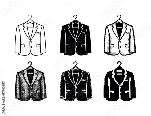 Formal suit jacket hanging on a simple clothes hanger, used to store and present business attire neatly in a wardrobe | Create