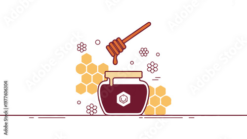 honey jar and dipper with honeycomb and flowers