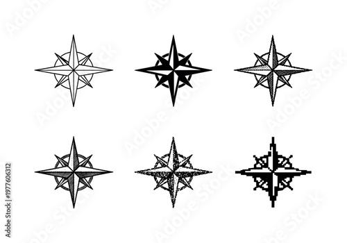 Ornate compass rose with four main cardinal points and diagonal spikes, used to indicate direction and navigation on maps |