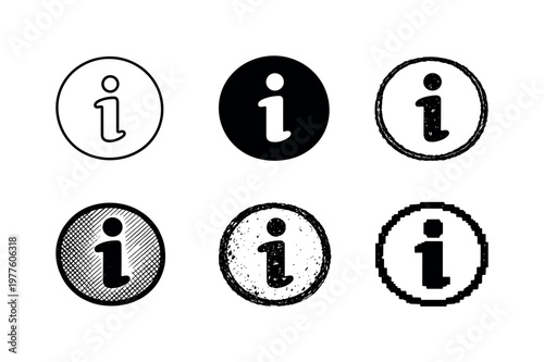 Six Symbol Variants. Minimal round info symbol container with thick outline and blank interior, used as neutral guidance sign |