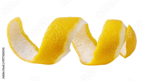Bilde på lerret Bright yellow lemon peel spiral textured zest and white pith, isolated on transp
