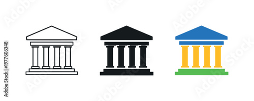 Legal strategy concept illustrated by matching courthouse building icons aligned horizontally with identical column structure and