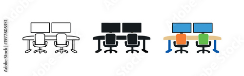 Collaborative workspace concept illustrated by matching shared desk workstation icons aligned horizontally with identical