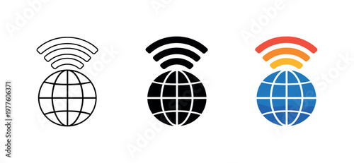 Worldwide connectivity concept illustrated by matching globe with wifi signal icons aligned horizontally with identical spherical