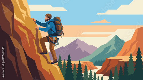 Cuadro en lienzo The image illustrates a dedicated climber ascending a rocky surface, showcasing determination and the spirit of adventure amidst stunning mountain scenery