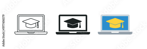 Online learning concept illustrated by matching laptop with graduation cap icons aligned horizontally with identical screen frame