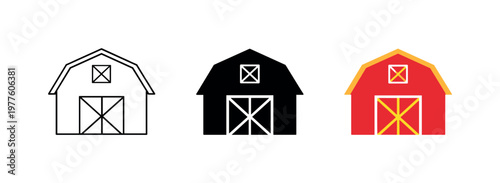 Agricultural operations concept illustrated by matching barn building icons aligned horizontally with identical roof angle and