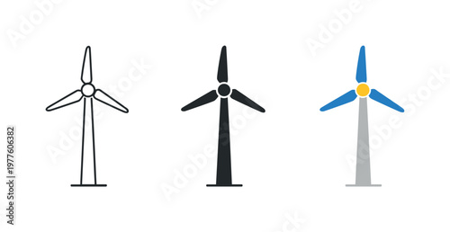 Wind power generation concept illustrated by matching wind turbine icons aligned horizontally with identical tall tower structure