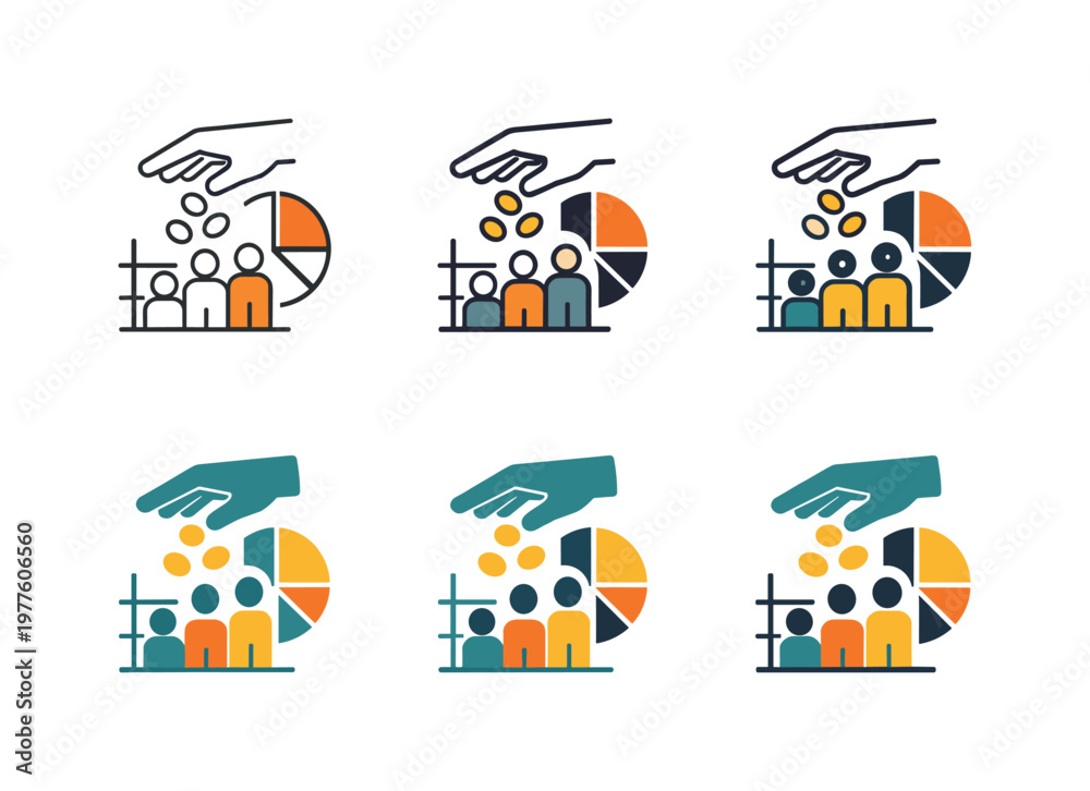 Fototapeta premium Emblem communicating division of financial gains formed by a hand releasing coins integrated with a structured grid of community