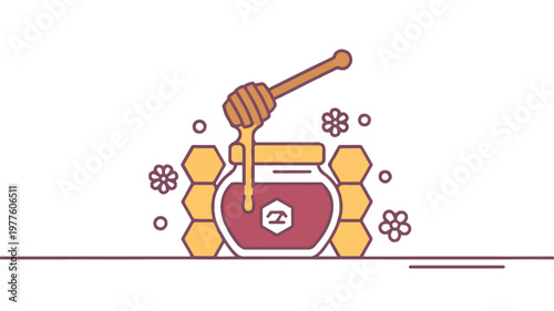 Honey jar with dipper and honeycomb on white