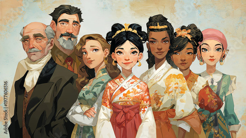 Group of diverse characters in traditional Asian attire standing together, showcasing intricate patterns and vibrant colors against a textured background