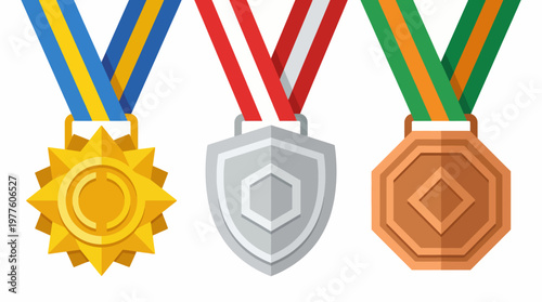 This illustration showcases gold, silver, and bronze medals elegantly displayed, embodying achievement and recognition in sports and competition.