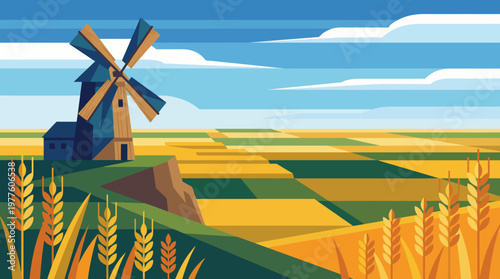A picturesque landscape featuring a charming windmill amongst golden wheat fields, evoking feelings of serenity and agricultural beauty in the countryside.