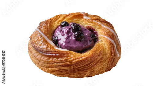 Photography Golden flaky danish pastry with blueberry filling and icing, isolated on transpa
