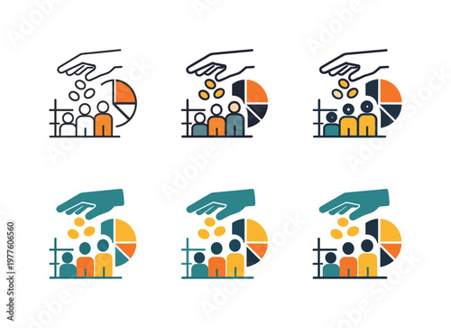 Emblem communicating division of financial gains formed by a hand releasing coins integrated with a structured grid of community