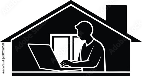 Black and white minimalist line of a person carrying a large bag walking toward a house on transparent background