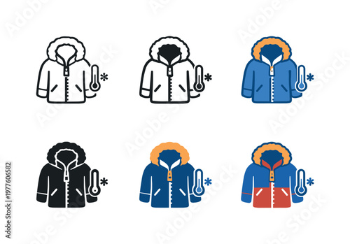Visual metaphor for cold climate garments depicted as a parka form paired with a zipper detail and a subtle temperature indicator