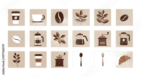 Brown coffee icons, coffee shop illustrations, 20 beige coffee graphics, vector coffee symbols