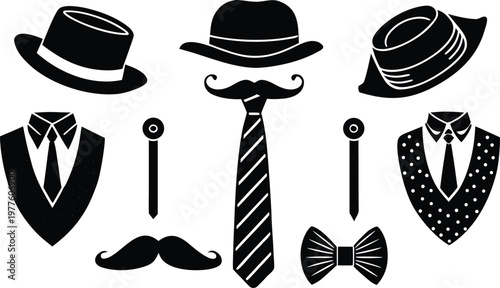 Black and white of a collection of hats and bow ties with transparent background fedora