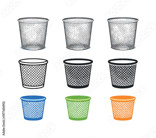 Household disposal context shown by identical waste baskets arranged in a straight horizontal row, same cylindrical shapes and