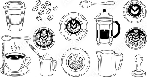 Collection of Hand-Drawn Coffee Elements for Cafes and Beverage Enthusiasts