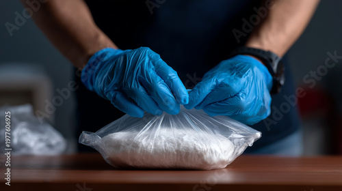 Police seizing illegal drugs with gloved hands holding bag of white powder during law enforcement operation.