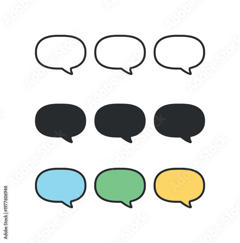 Brainstorming context conveyed through uniform speech balloons arranged in a straight horizontal row, same rounded contours and