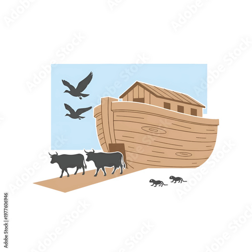 Colorful Flat Vector Illustration of Noah's Ark with Animals and Birds