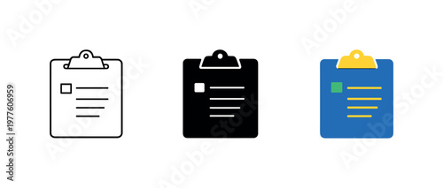 Administrative context represented by uniform clipboards arranged in a straight horizontal row, same board outline and clip